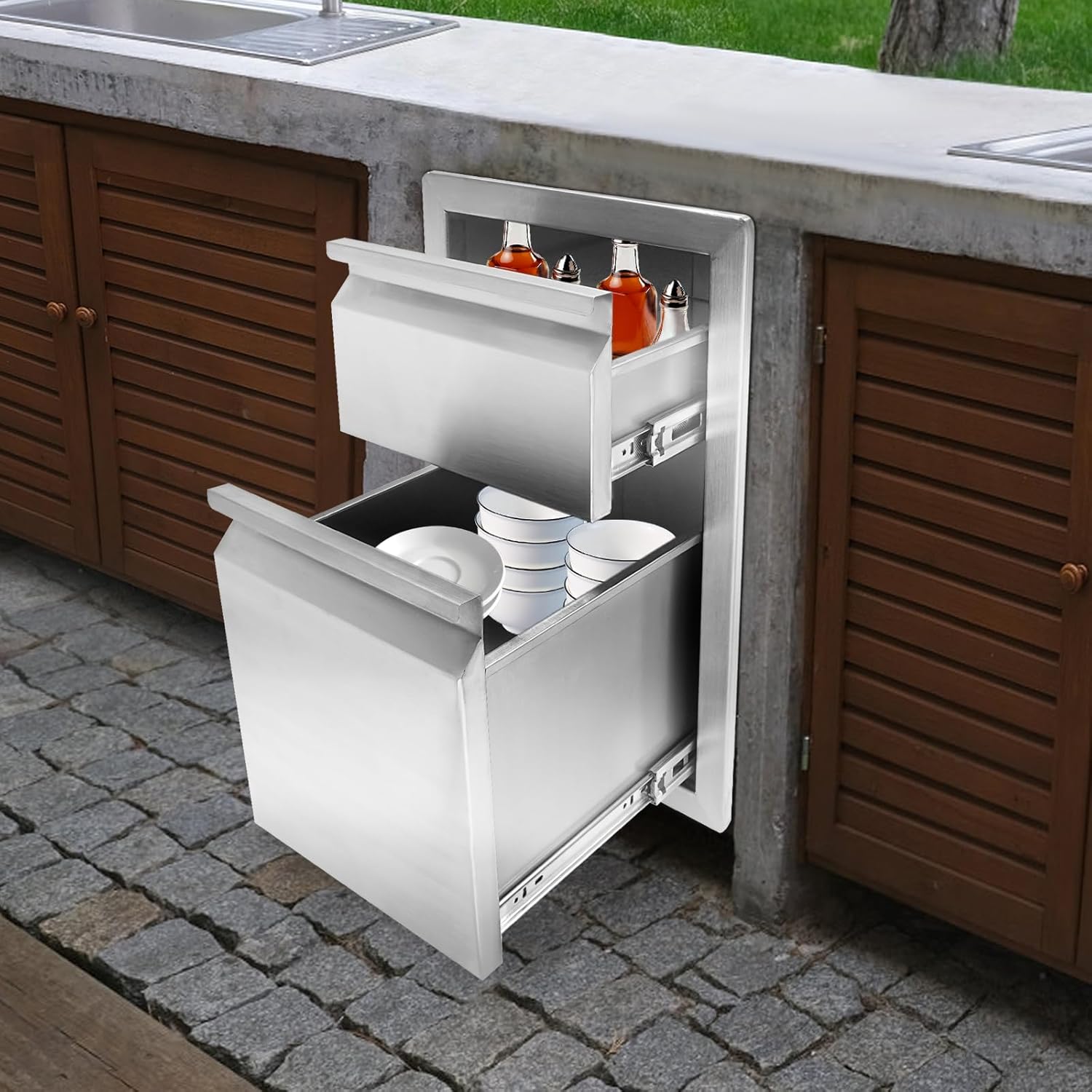 Stainless Steel Flush Mount Double Access Recessed Handle BBQ Island Drawers - 13W x 20.5H x 21D Inches, Perfect for Outdoor Kitchens & Patio Grill Stations