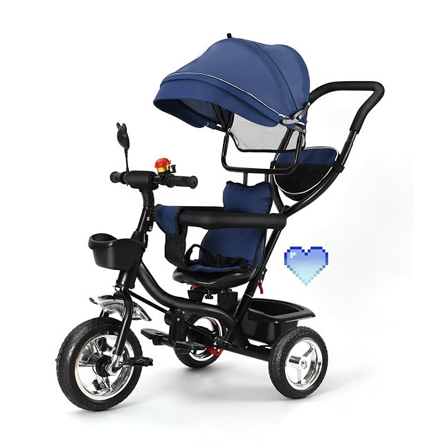 Tricycle Niños Escalable Bastón y Parasol Plegable Extraíble Bolsa y Cesta Acero Triciclo Niño Escalable
