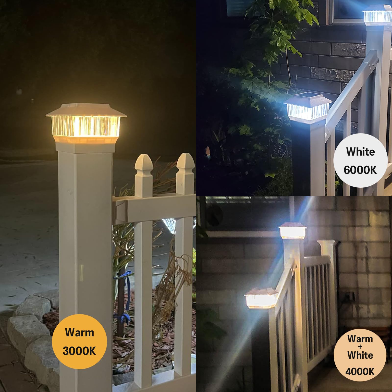 50 Lumen Solar-Pfosten-Leuchten passend für 10x10 cm Vinylpfosten, 15x15 cm Holzpfosten, LED-Farbe wählbar, 3000 K/4000 K/6000 K, hohe Helligkeit, LED-Glühfaden, wasserdicht, schwarz, 1 Stück