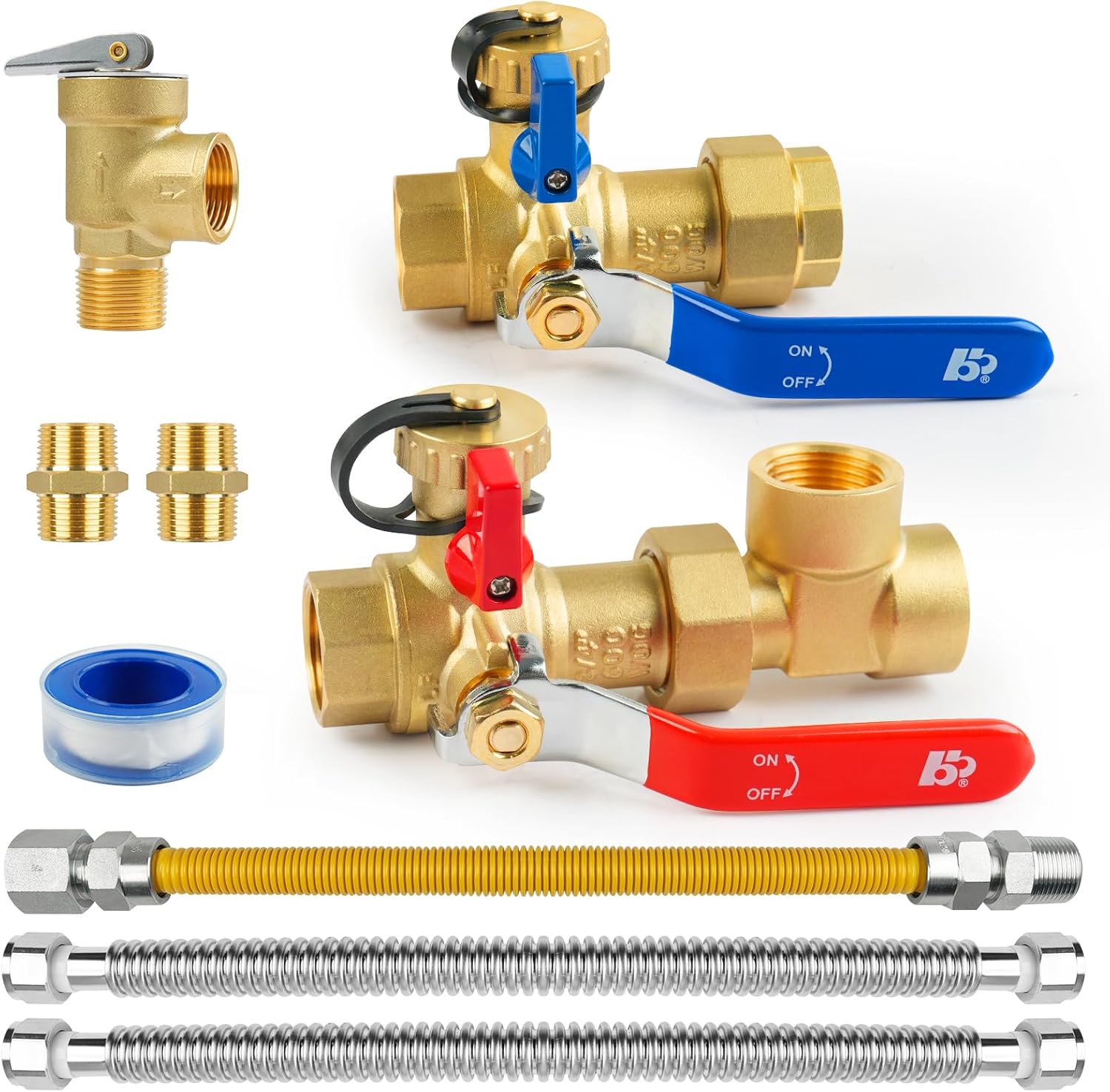 3/4 Inch Tankless Water Heater Valve Kit with Pressure Relief Valve and Gas Connectors,Clean Brass & NPT Thread