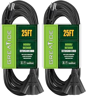 GREATIDE 2 Pack 25 Ft Outdoor Extension Cord with 3 Electrical Power Outlets - 16/3 SJTW Durable Black Cable with 3 Prong Grounded Plug