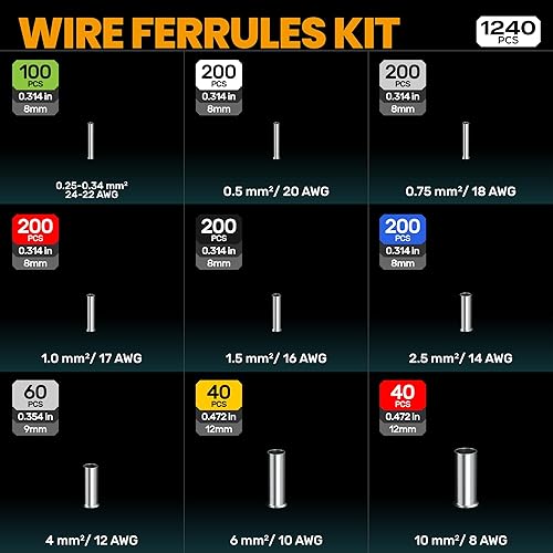 Miniatura 12 de SOMELINE Kit de herramientas de crimpado de virola, alicates autoajustables para virolas de alambre AWG 24-8, con terminales de casquillo de alambre