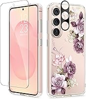 Vista 25 de GVIEWIN Funda protectora para Samsung Galaxy S25, transparente floral, delgada, a prueba de golpes, para mujer, no se pone amarilla, con protector