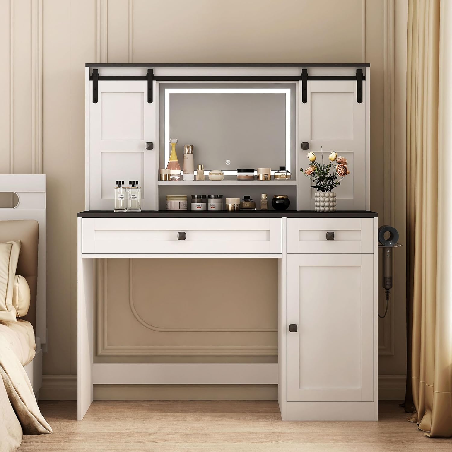 Makeup Vanity Desk with LED Lighted Mirror and Charging Station, 43.3" Farmhouse Table 2 Sliding Barn Door, Drawers, Cabinets, Dimmable 3 Modes Mirror, White Dressing for Bedroom