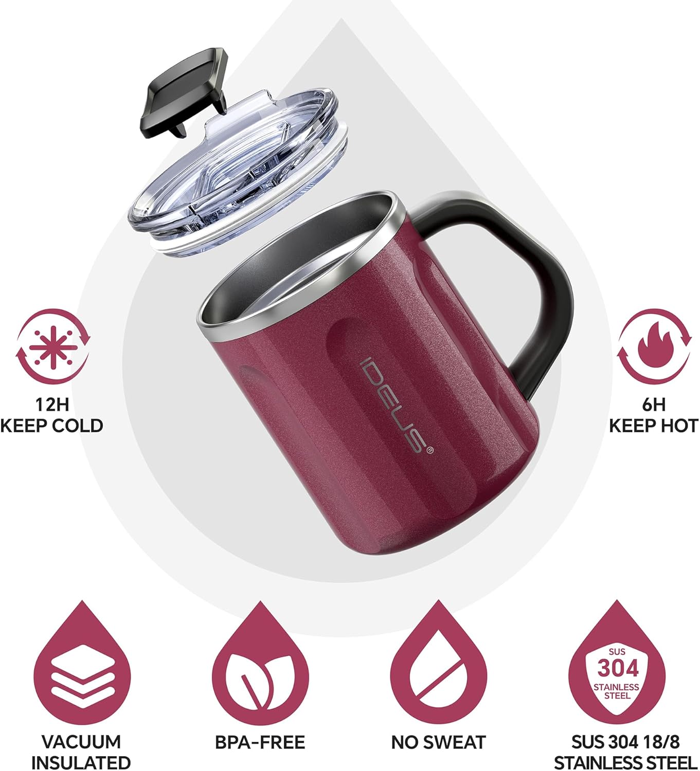 ideus 16 oz coffee cup, stainless steel coffee travel mug, spill proof tea mug with handle and lid, lightweight and durable, great for office home and outdoor use, burgundy-fuji flow