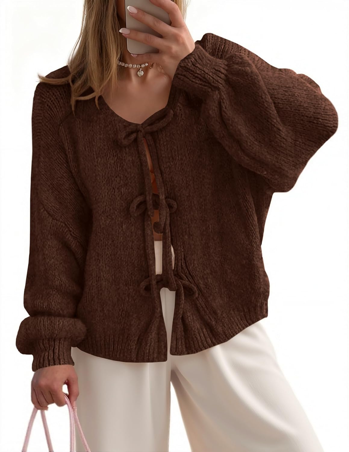 UNCLECAT Womens Bow Tie Front Cardigan Sweaters Oversized Fall Open Front Cardigans Cute Loose Knit Tops