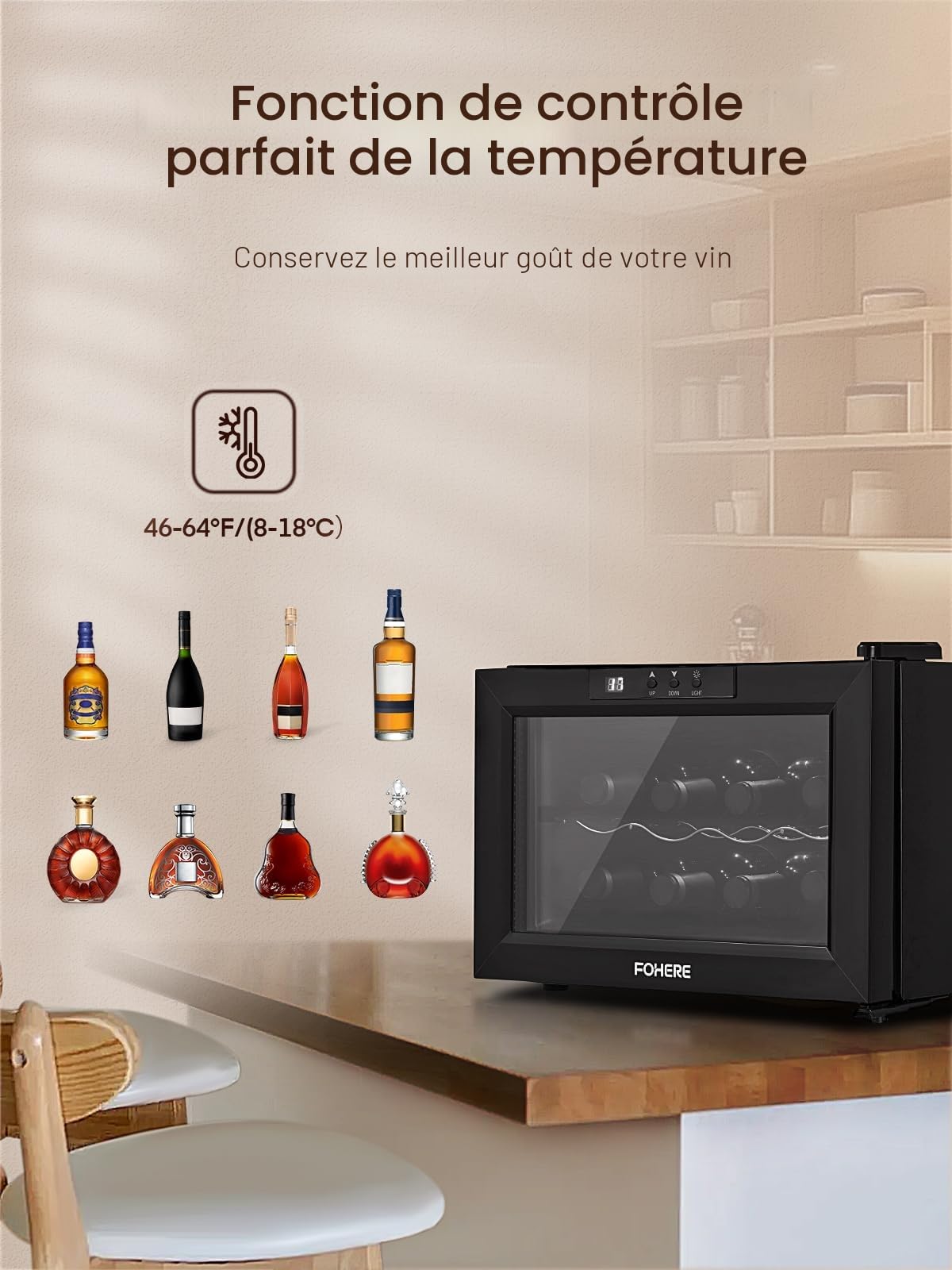 FOHERE Cave à vin 8 Bouteilles, Réfrigérateur à vin de Table 22 Litres LED, Porte en Verre, 8-18 °C