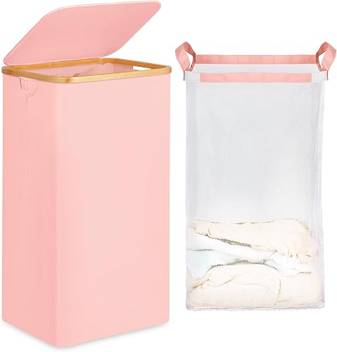 Miniatura 29 de efluky Cesta de lavandería con tapa y bolsa extraíble, cesta de lavandería de 100 litros de alto con asas de bambú, papelera estética para ropa Azul