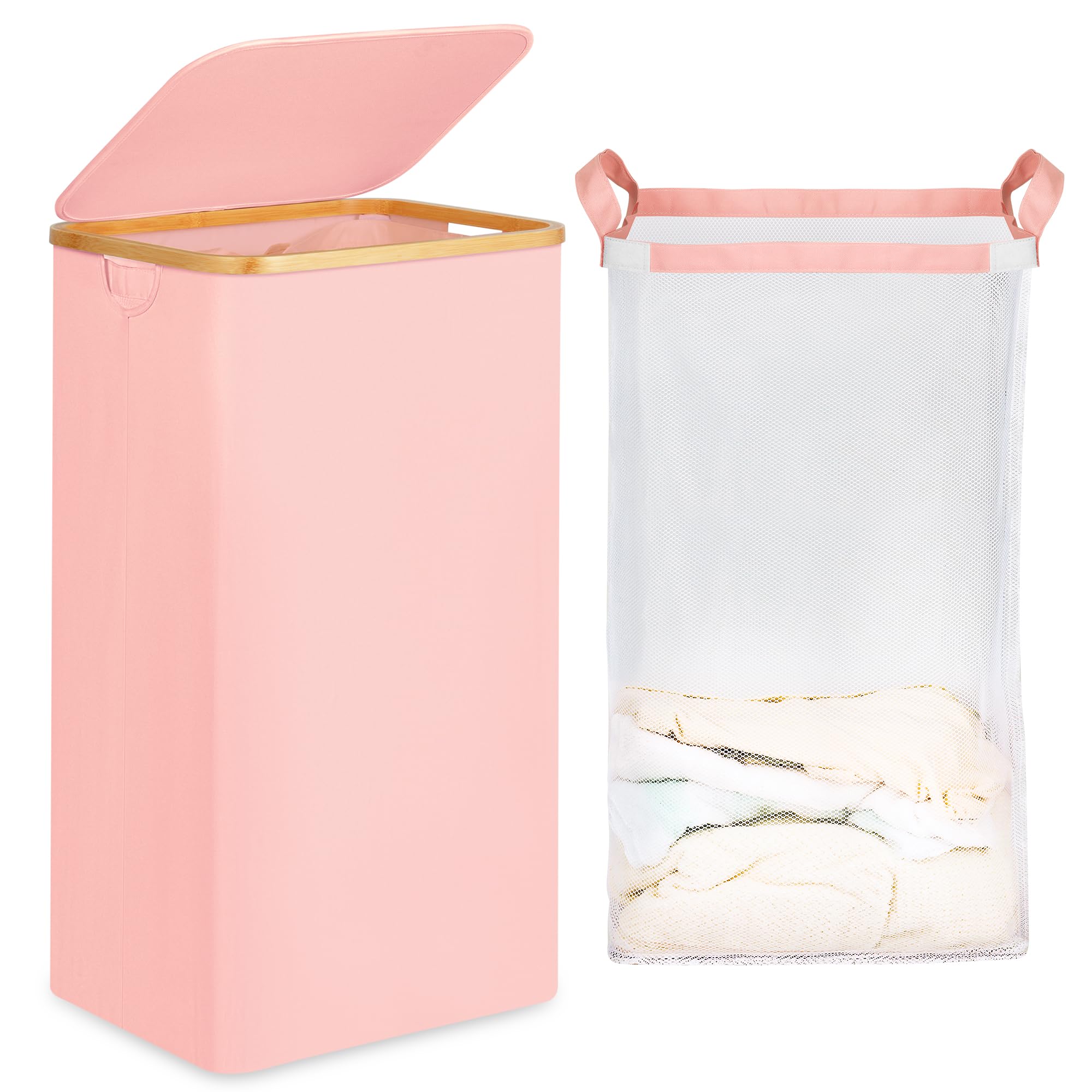 efluky 26 Gal Laundry Basket with Lid and Net Bag, Tall Laundry Hamper with Bamboo Handles, Aesthetic Dirty Clothes Bin for Laundry Room, Bathroom, Bedroom and Dorm, Pastel‌ — image 1