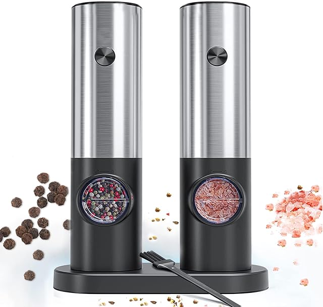 Electric Salt and Pepper Grinder Set, RIGHTWELL 2 PCS Adjustable Coarseness Pepper Grinder Mill with Storage Base and LED Light, Automatic Ceramic Core Salt Grinder for for Kitchen, BBQ, Camping,70ml