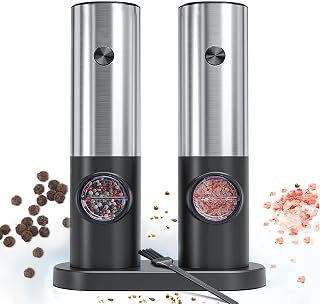 Electric Salt and Pepper Grinder Set, RIGHTWELL 2 PCS Adjustable Coarseness Pepper Grinder Mill with Storage Base and LED Light, Automatic Ceramic Core Salt Grinder for for Kitchen, BBQ, Camping,70ml