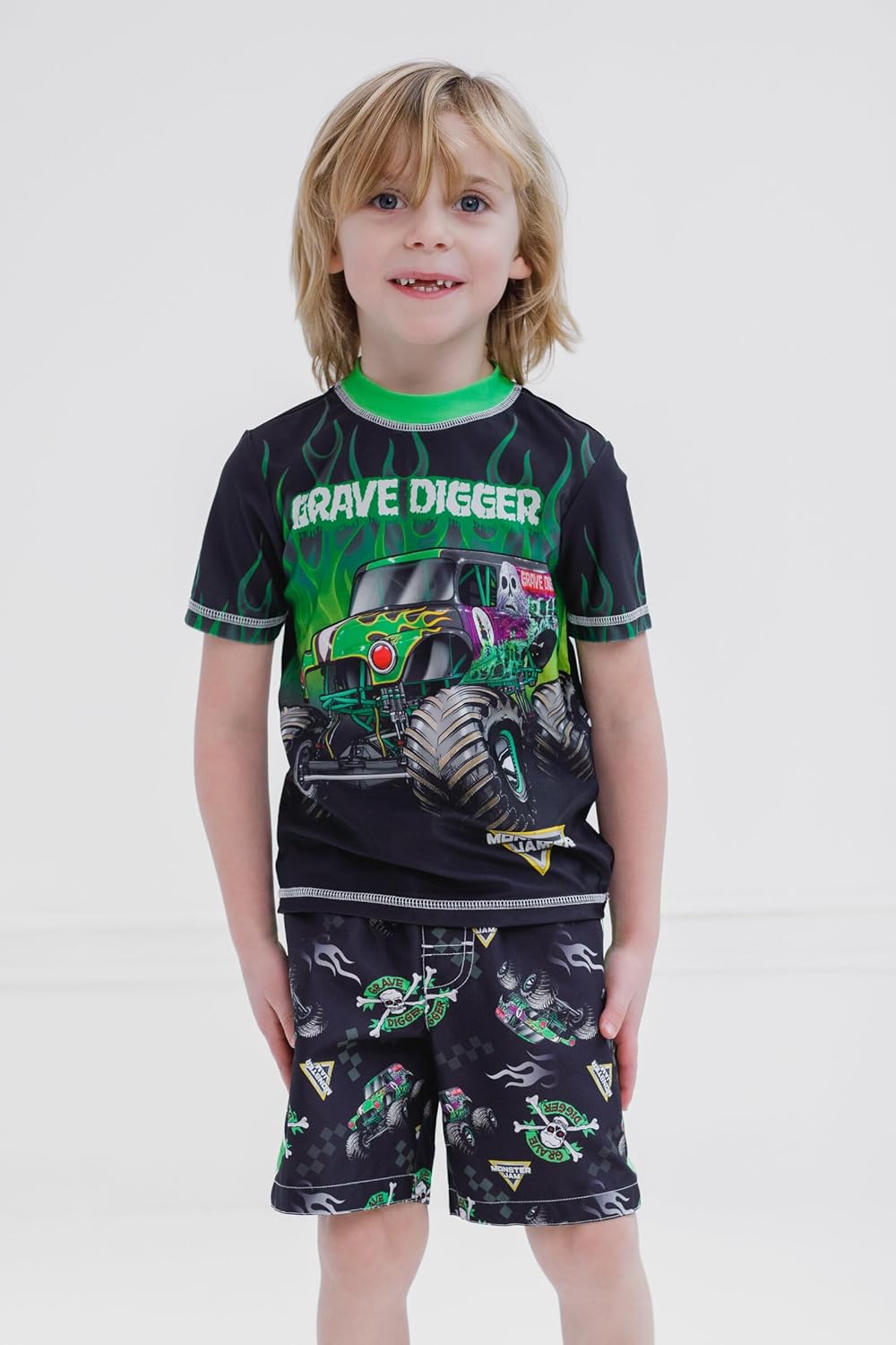 Monster Jam UPF 50+ Pullover Rash Guard and Swim Trunks Outfit Set Toddler to Big Kid Grave Digger El Toro Loco Megalodon