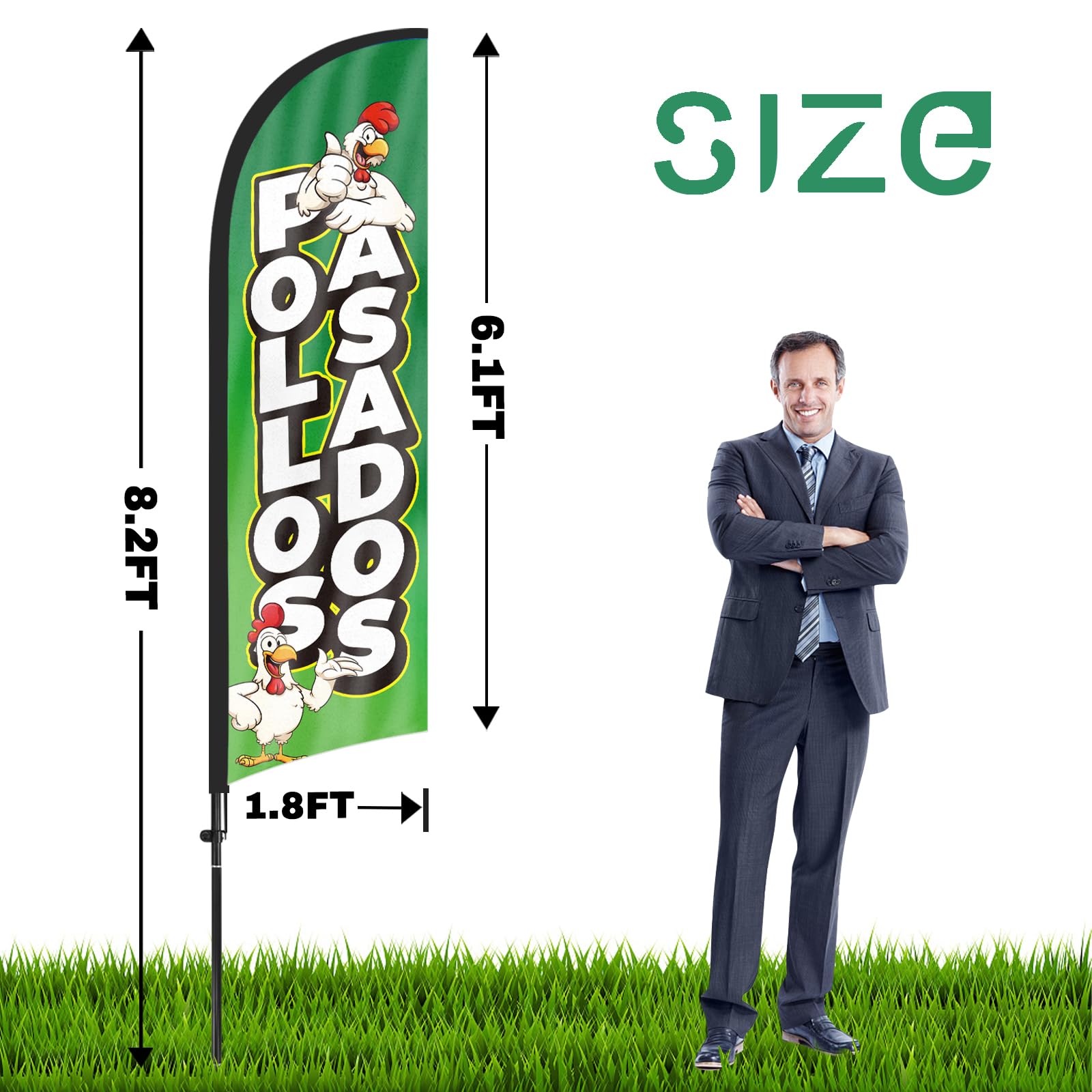 Pollos Asados - Bandera de plumas de 8 pies, bandera publicitaria de Pollos Asados con kit de poste, estaca de tierra, carteles de Pollos Asados para empresas y escaparates