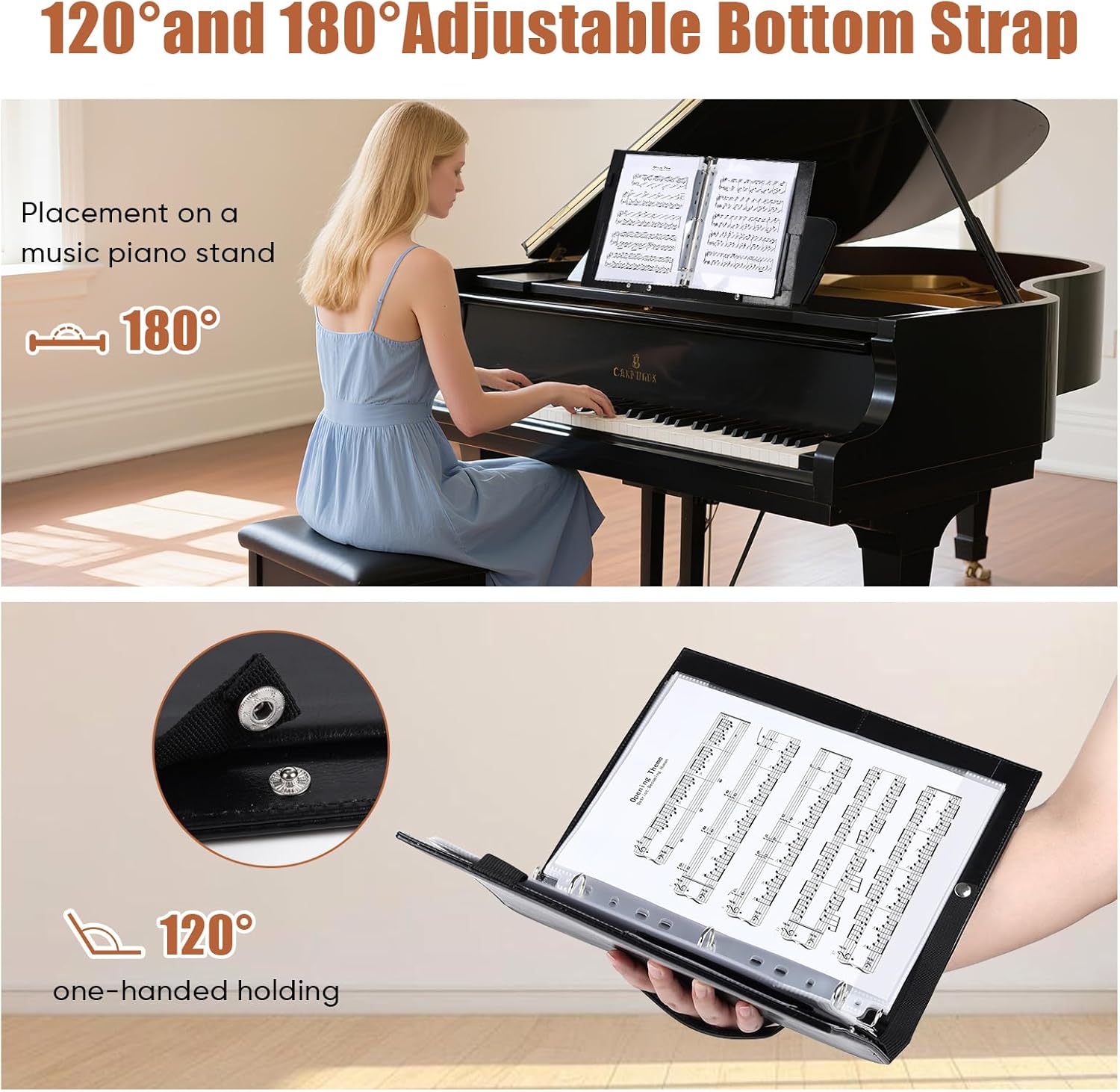 Sheet Music Folders Choir Binder: Piano Music Sheet Holder Storage Fits Letter Size 8.5 x 11 Inch - 3 Ring PU Leather Choral Music Folder with Hand Strap for Guitar, Orchestra, Band (PU Leather)