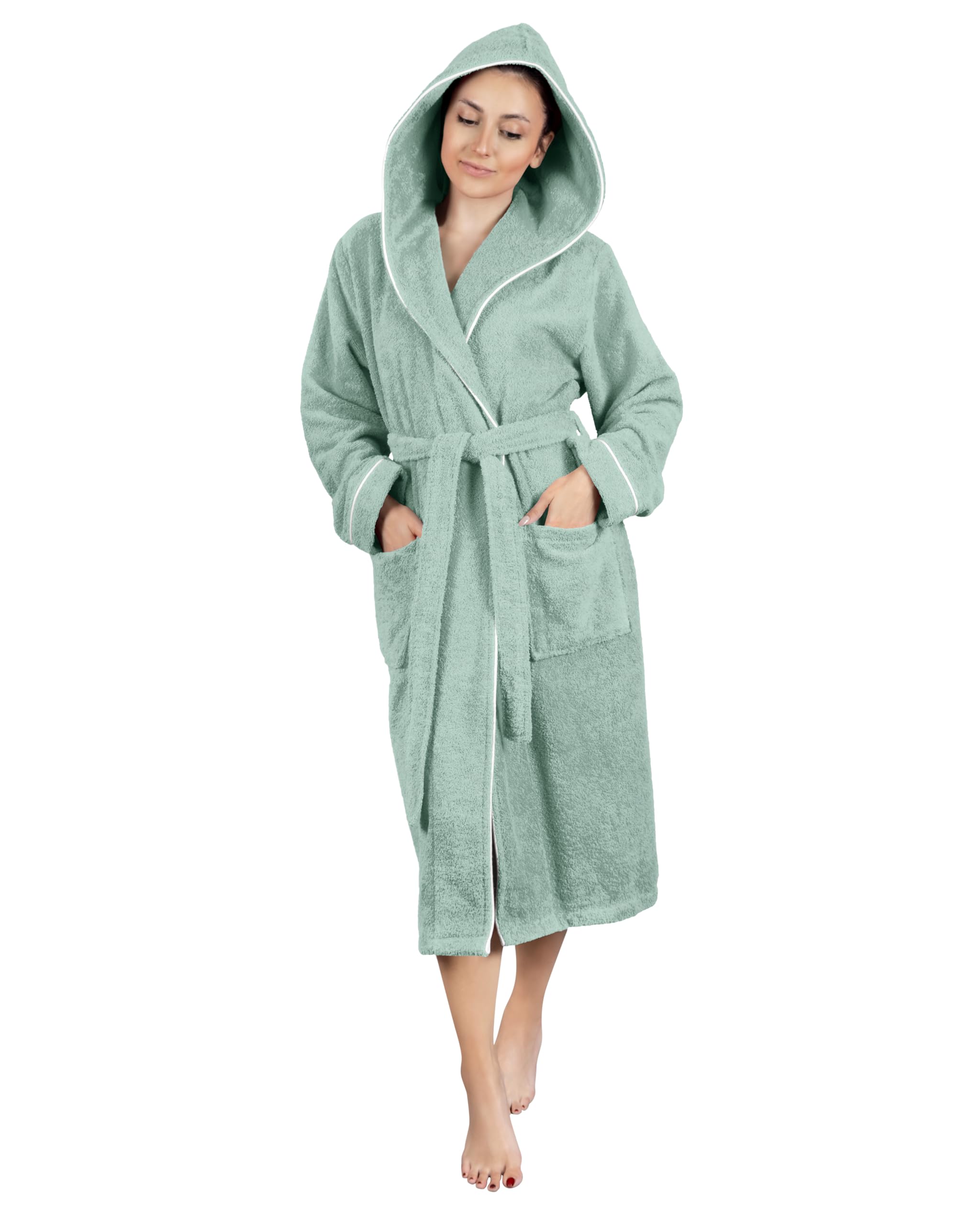 LAYNENBURG Bademantel Damen Frottee - Kapuze - Lang - 100% Baumwolle (360g/m2) - OEKO TEX Standard 100 - Größe S, M, L, XL, XXL, 3XL
