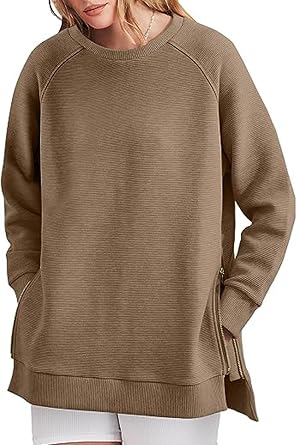 YOCUR Womens Crew Neck Long Sleeve Side Split Zipper Sweatshirts Casual Loose Fall Pullover
