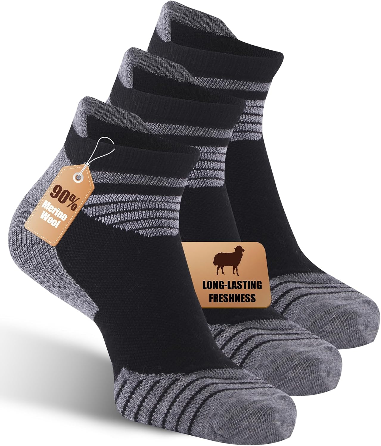 3 Pairs Men's 90% Merino Wool Ankle Socks, Seamless Toe, Arch Support