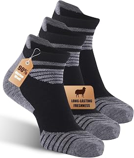 3 Pairs Men's 90% Merino Wool Ankle Socks, Seamless Toe, Arch Support | Compression Stable Support, Cushioned, Breathable, Moisture-Wicking, No Show, Lightweight , for Running and Daily Use,3 Pairs