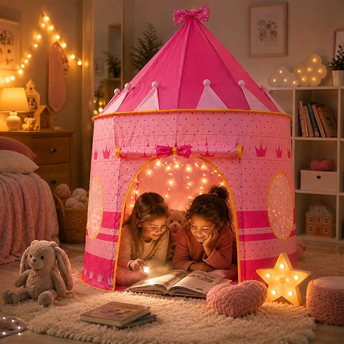 Barraca Infantil Castelo com Bolsa de Transporte, Cabana Infantil Dobrável para Brincar, Ler e Fazer Faz de Conta, Tenda Infantil com Hastes de Suporte 105 x 105 x 135 cm
