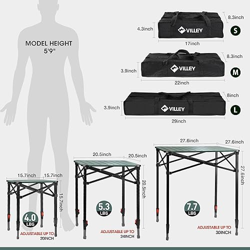 Miniatura 3 de VILLEY Mesa cuadrada plegable para acampar con bolsa de transporte, mesa cuadrada ajustable de aluminio ligero para exteriores, camping, picnic,