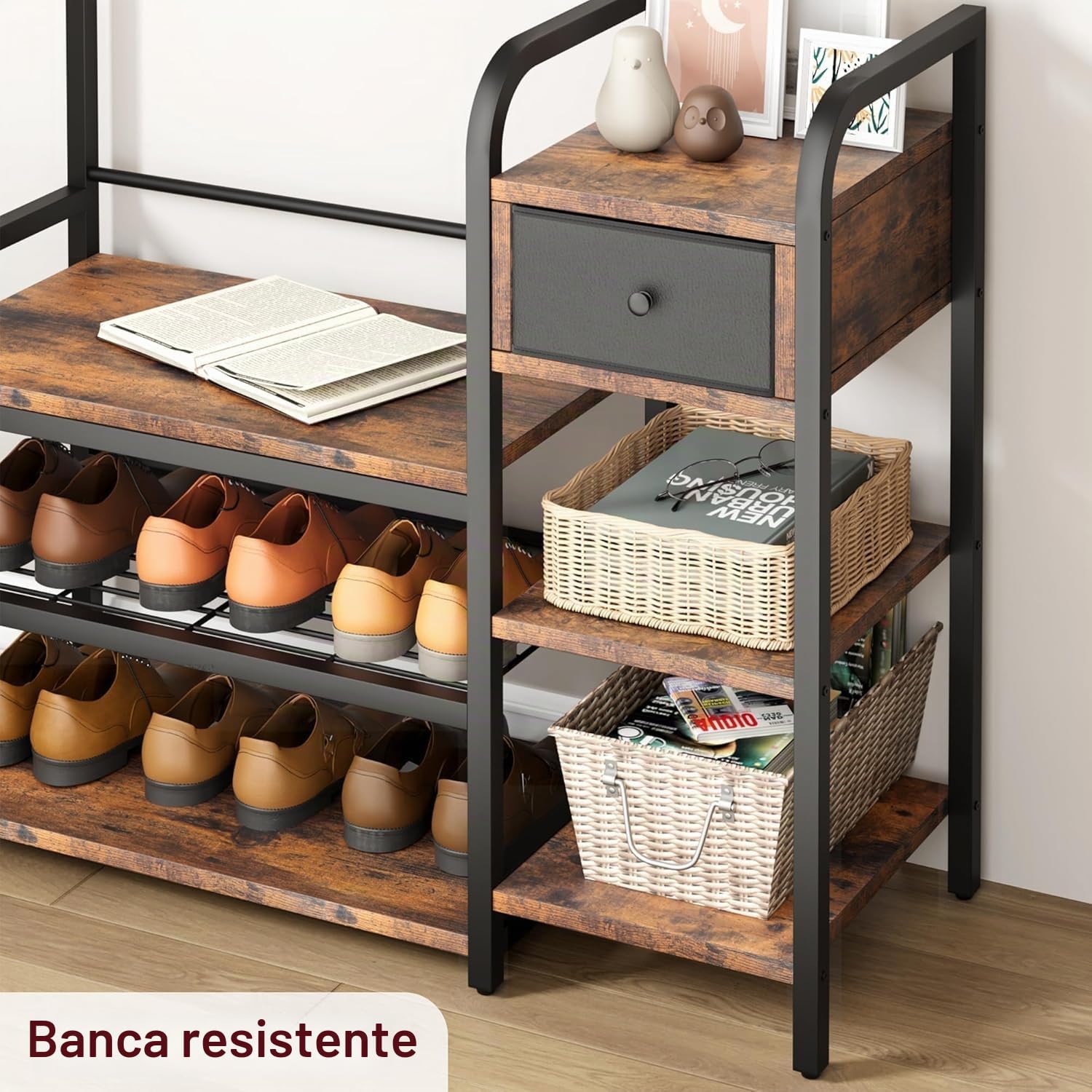 Garvee Banco zapatero 5 en 1 para recibidor, con 8 ganchos resistentes, estilo industrial con cajón, perchero para apartamento y dormitorio, color marrón
