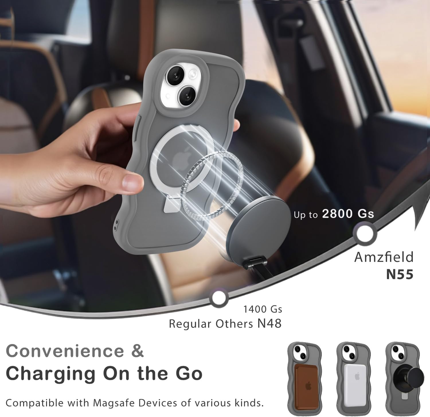 for iPhone 13 Case for iPhone 14 Case, Compatible with Magsafe Invisible Magnetic Ring Stand Wavy Frame Cute Translucent Hard Back Silicone Bumper Shockproof Phone Case Women Girls, Grey - Image 3