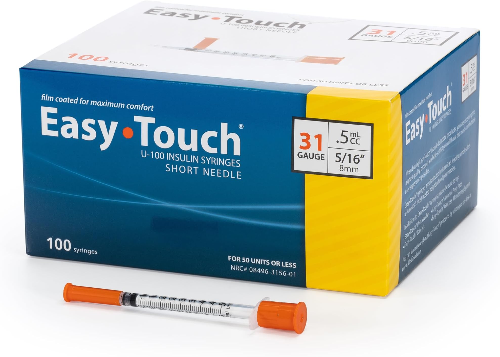 Easy Touch 31 Gauge U-100 Insulin Syringes (31G 0.5cc 5/16”) with 5/16” Short Needle, 0.5cc (50 Unit Capacity), Bold Markings for Accurate Dosing, Disposable, Box of 100