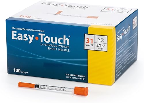 Easy Touch Jeringas de insulina U-100 calibre 31 (31G 0.5cc 5/16 pulgadas) con aguja corta de 5/16 pulgadas, 0.5cc (capacidad de 50 unidades),