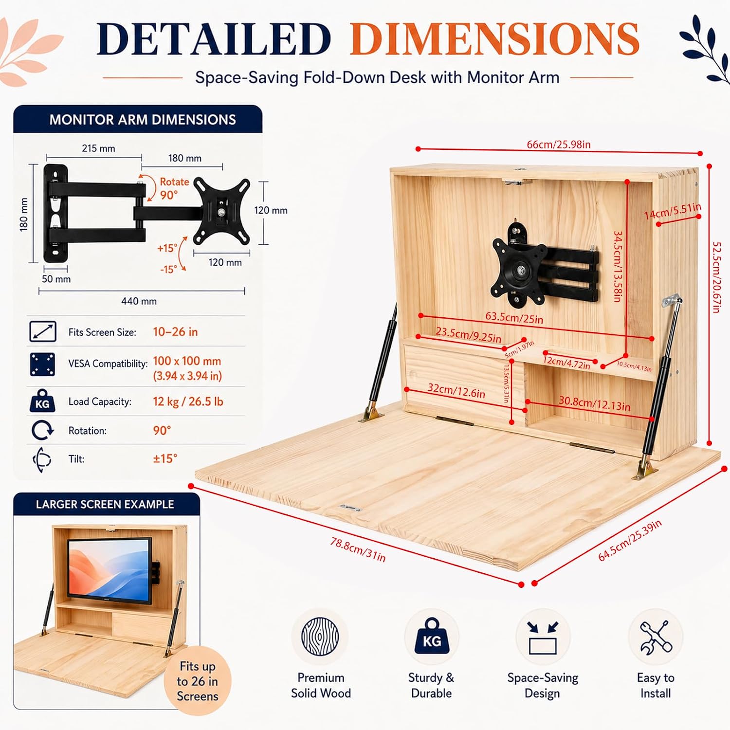 31 Inch Wall Mounted Folding Desk with Storage & Monitor Mount, Floating Fold Down Desk with Dual Gas Struts, Lockable Space Saving Desk, 200 lb Capacity for Home Office, Bedroom and Apartments