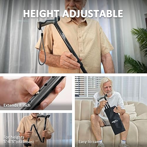 Miniatura 6 de Bastón de caminar para hombres y mujeres - Bastón pivote de pie, ajustable, plegable para personas mayores y adultos con correa para la muñeca,