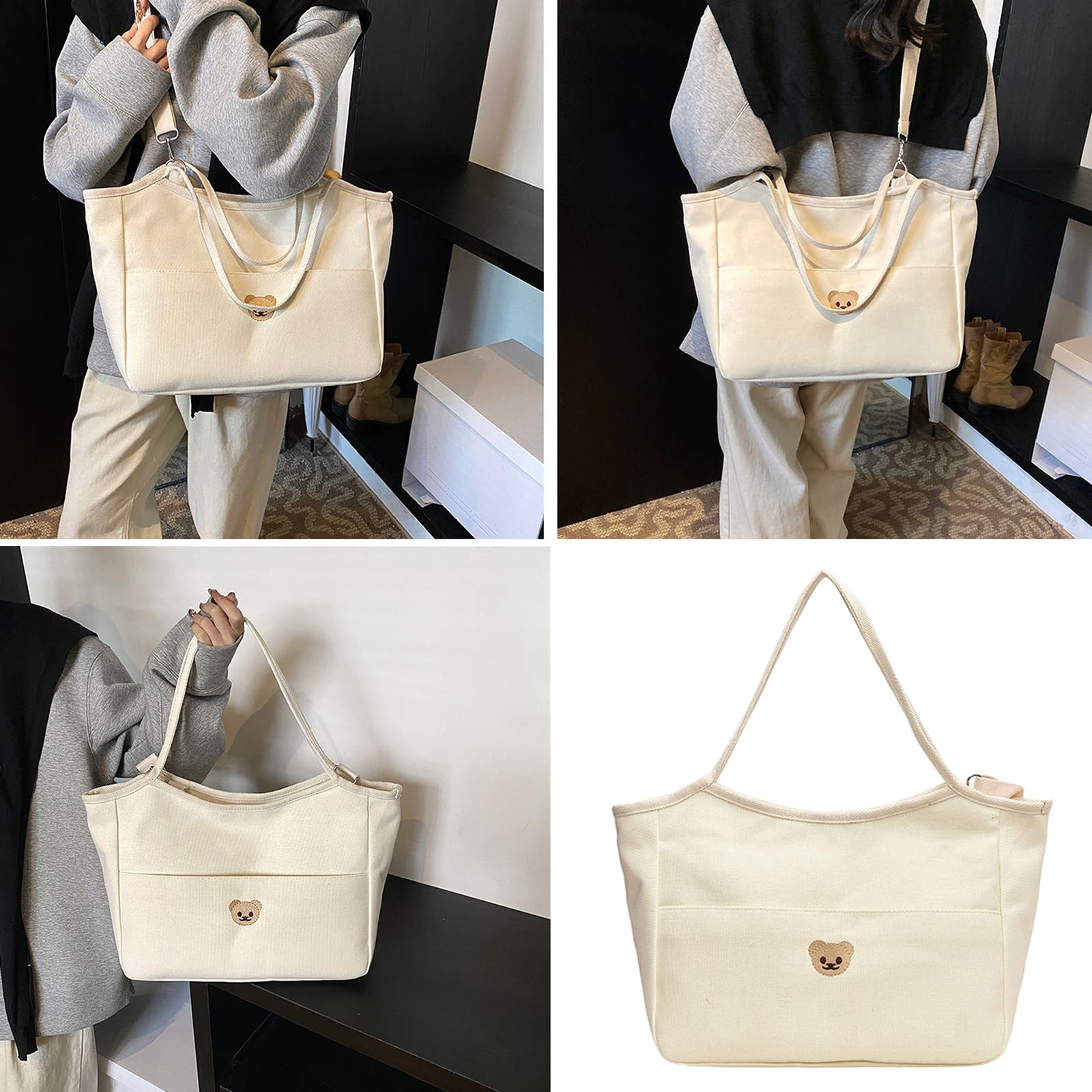 Borsa per pannolini premaman in cotone, grande capacità, con ricamo a orso e comode tracolle, borsa per pannolini da viaggio, borsa essenziale per maternità