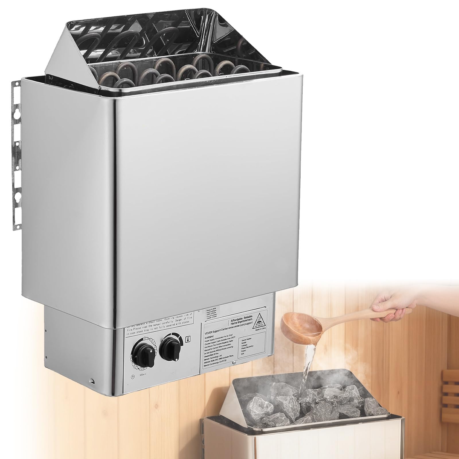 Poêle de Sauna 220V en Acier Inoxydable, Sauna Heater Sec avec Contrôleur Interne pour 2-13m³ Home Hotel Spa Douche Salle de Bains 6KW