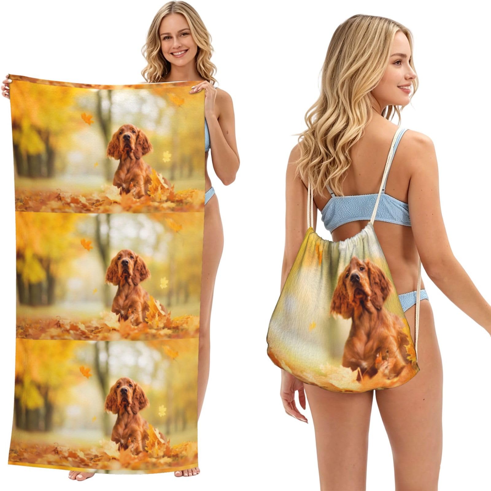Poadnly As Picture Cocker Spaniel Autumn Park Brown Spaniel Dogs, 2 In 1 Packable Towel Bag, Beach Towels With Drawstring Backpack For Travel Holiday Camping