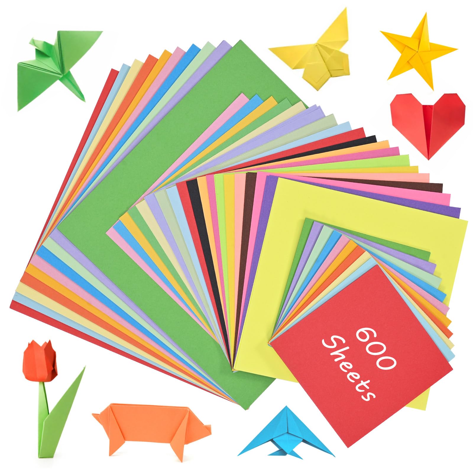 600 hojas de origami, juego de 20 papeles de colores, 20 x 20 cm, 15 x 15 cm, 10 x 10 cm, cartulinas colores, papel plegable cuadrado de doble cara, adecuado para manualidades