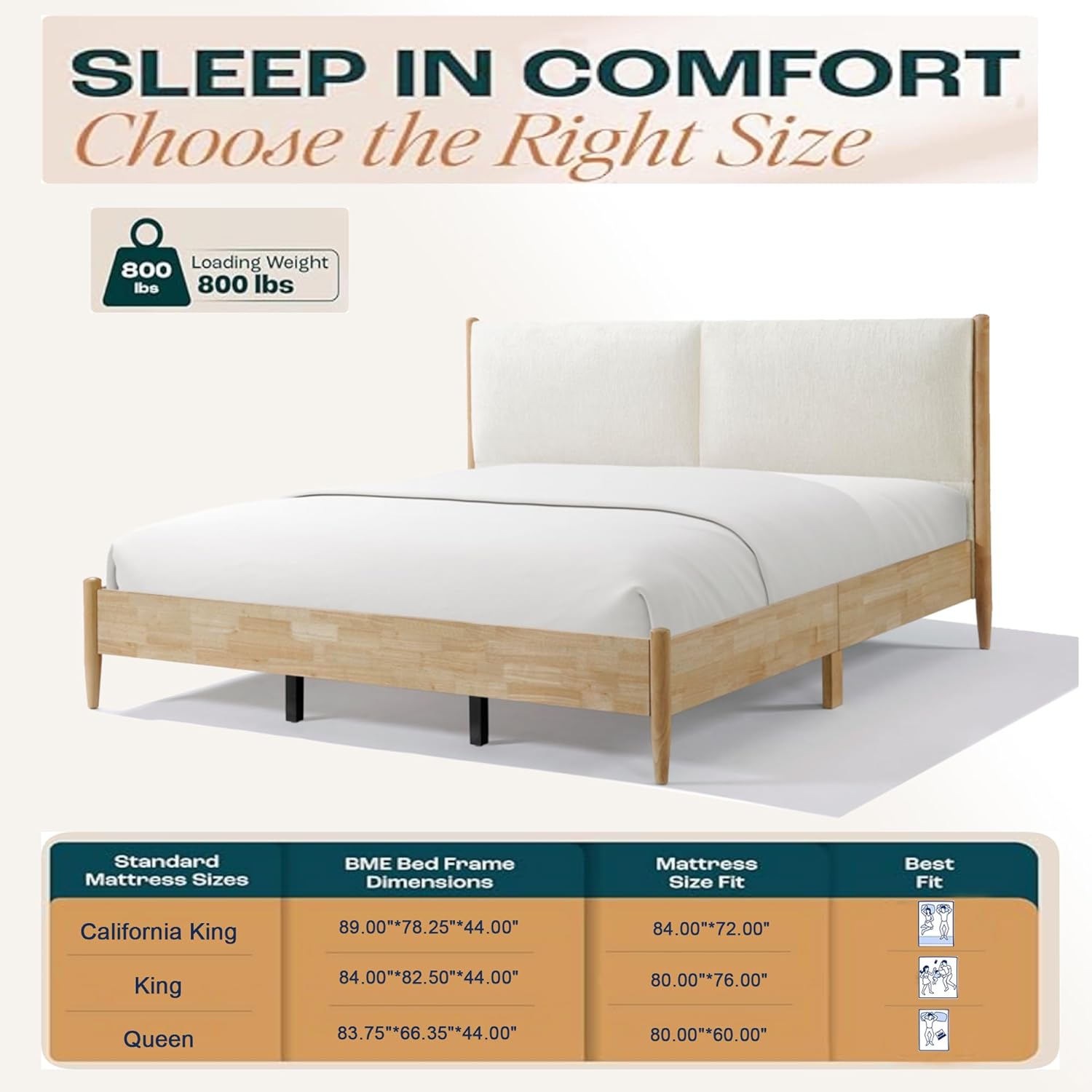 Merax King Size Bed Frame and White Cozy Upholstered Headboard, Natural Wood Platform Bed Frame with Sturdy Wooden Support Slats, No Box Spring Needed, Holds up to 800 lbs, Easy Assembly