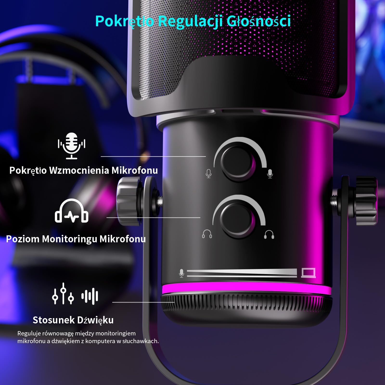K KASONIC Mikrofon RGB do Gier z Wysięgnikiem, Mikrofon Pojemnościowy do Domowego Studia dla PC, Mikrofon USB 24bit 192kHz do Nagrywania Podcastów, Zestaw Mikrofonowy do Streamingu