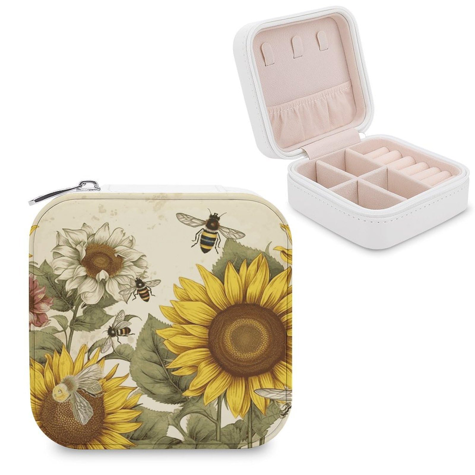 JTREHY Travel Bees Sunflowers Daisy Rose Flowers Jewelry Case Portable Display Storage Box PU Leather Mini Jewelry Travel Case Personalized Travel Jewelry Organizer Small Jewelry Box for Women