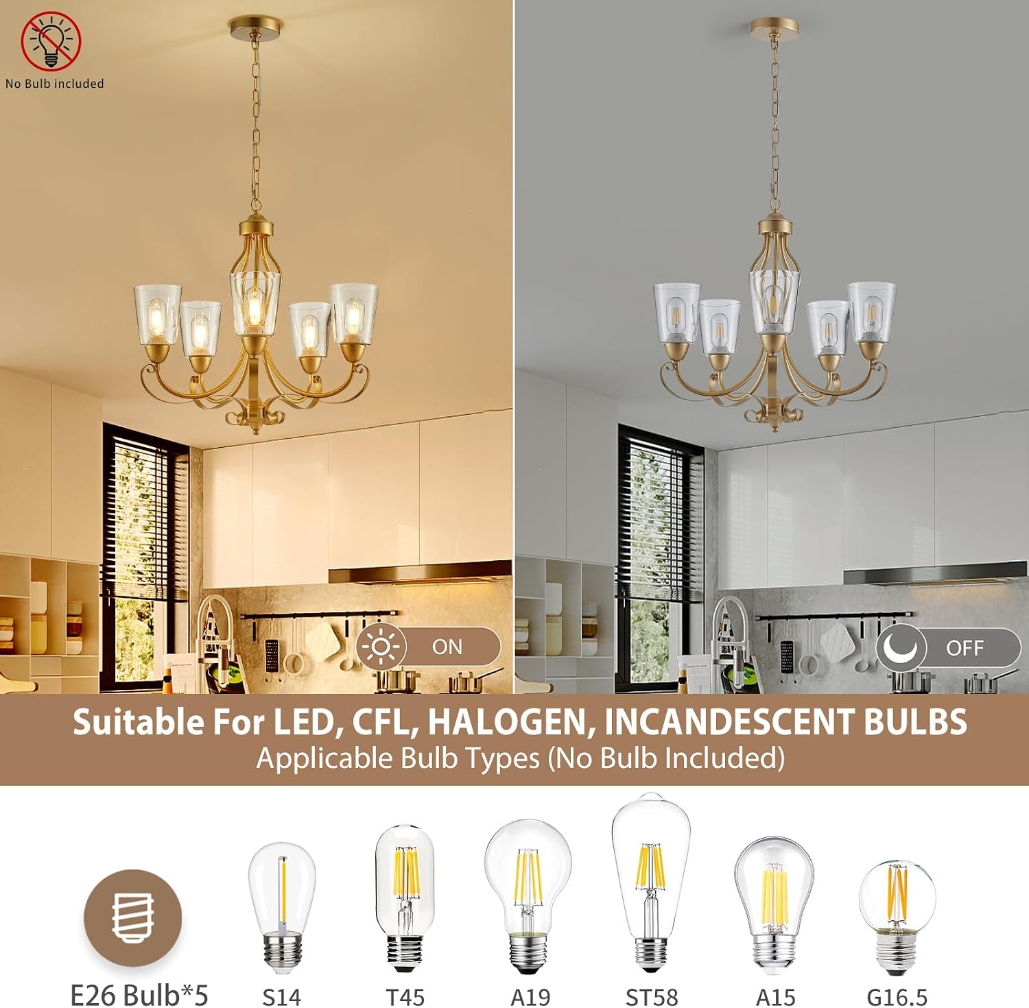 5-Light Modern Gold Chandelier for Dining Room Over Table Glass Candle Pendant Lighting Fixture 24" for Bedroom Living Room Kitchen Island Hallway Foyer