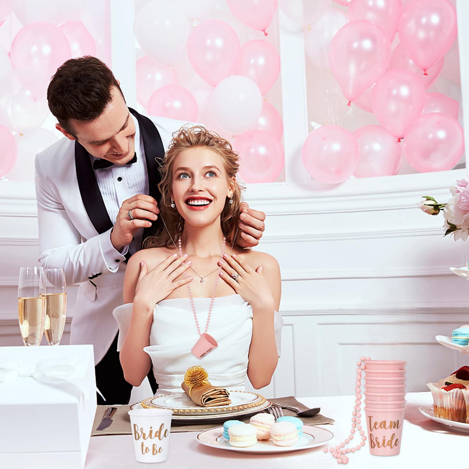Kit Addio Al Nubilato 14 Pezzi | Collane Con Bicchierini E Perline Per Sposa E Squadra | Rosa E Bianco Con Foglia Oro, Plastica Alimentare