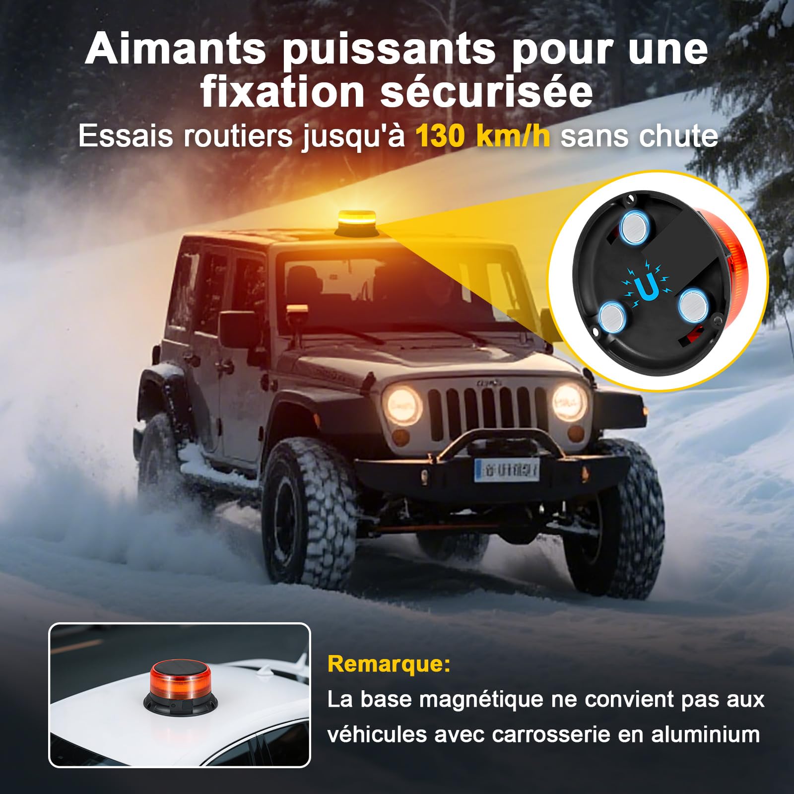 Gyrophare LED Sans Fil Solaire Magnétique Orange pour Tracteur | Étanche IP68, Fixation 130 km/h, 9 Modes Clignotants, Recharge USB, pour Camion et Remorque