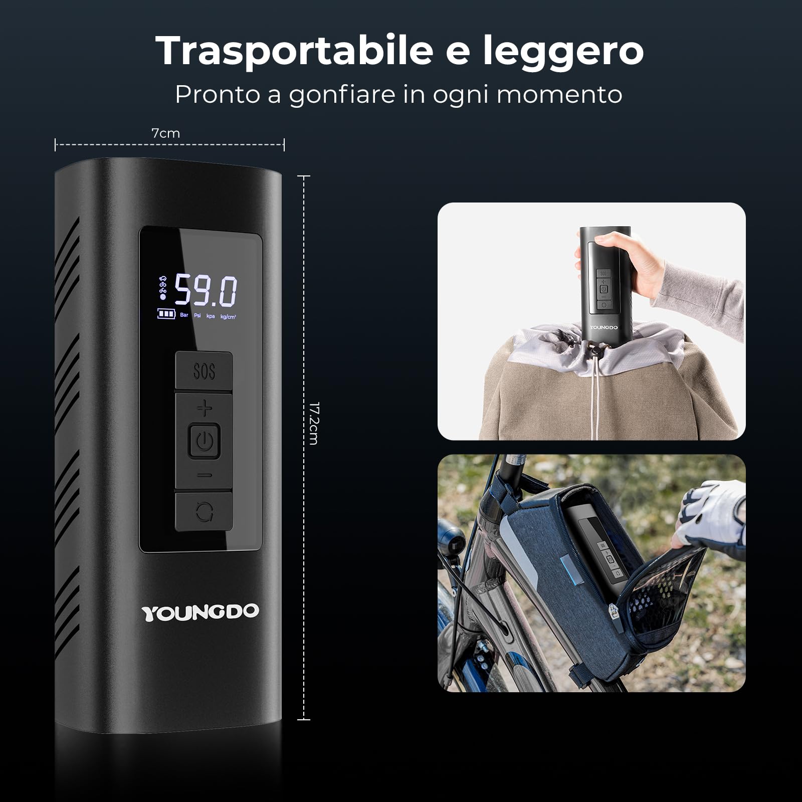 YOUNGDO Pompa per Bicicletta 150PSI, Mini Compressore Aria Portatile 6000mAh, Pompa Elettrica per Bicicletta, Pompa ad Aria per Bicicletta con Lampada LED, per Bici, Moto, Palle