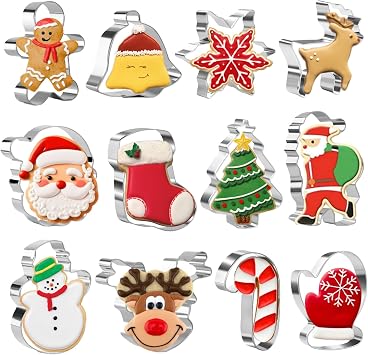 Christmas Cookie Cutter Set - 12 Pcs Stainless Steel Cutters Christmas tree,Santa Claus,Snowman,Reindeer,Gingerbread Man,Snowflake,Angel,Christmas Socks and more for Biscuit, Fondant