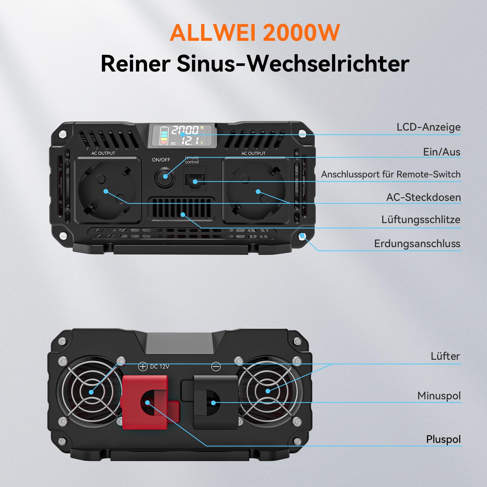 ALLWEI Czysty falownik sinusoidalny 2000 W, 12 V na 230 V, do domu, przyczepy kempingowej, ciężarówki, niezależnych od sieci instalacji solarnych, falownik 12 V 220 V, moc szczytowa 4000 W
