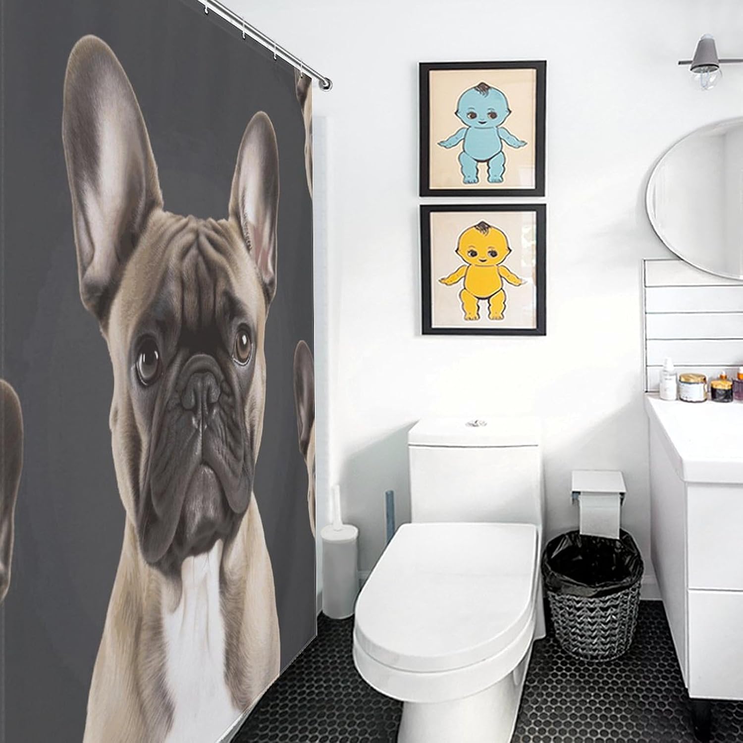 Bathroom Shower Curtain 66x72 Inch Waterproof Fabric Shower Curtains with 12 Hooks French Bulldog Bath Curtain for Bathtubs Bathroom Decor