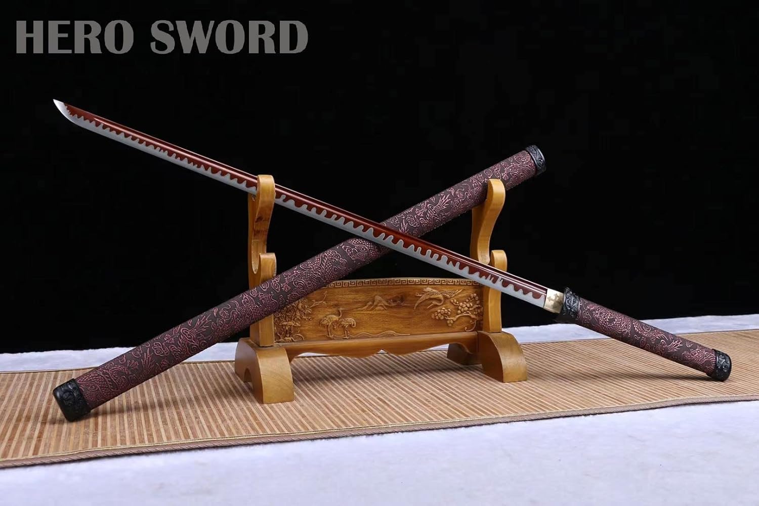 Black Dragon Ninja Blue Red Damascus Folded Steel Japanese Samurai Sword Straight Blade Katana Sharp Knife