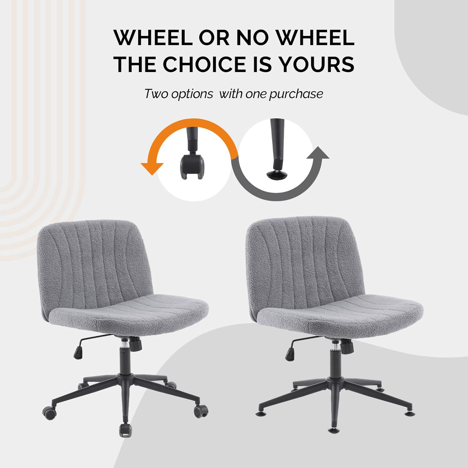 VINGLI Criss Cross Legged Chair,Wide Comfy Office Desk Chair,Dual-Use with/no Wheels Computer Task Chair,Swivel Armless Vanity Boucle Chair for Study,Make Up,Home Office,Teddy Fleece,Dark Grey