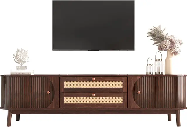 HAINEW Country Style TV Cabinet with Rattan Doors and Drawers - Wood Color & Light Yellow