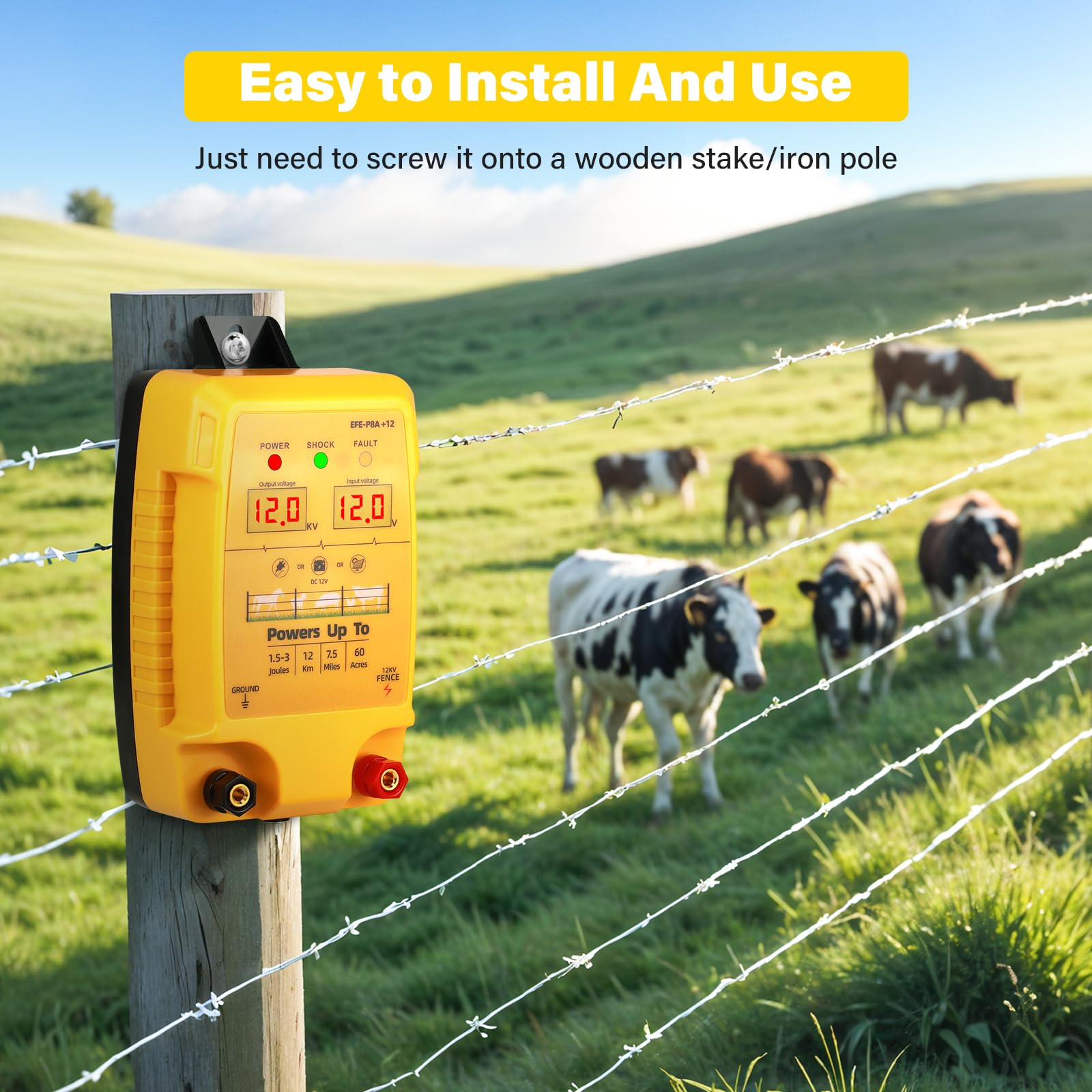 12 V Valla eléctrica para valla de pasto con indicador LED, 2 J 10 kV, resistente al agua, para 12 km de alcance, pantalla LED, valla electrónica para ganado, ovejas, aves, ganado, dispositivo de