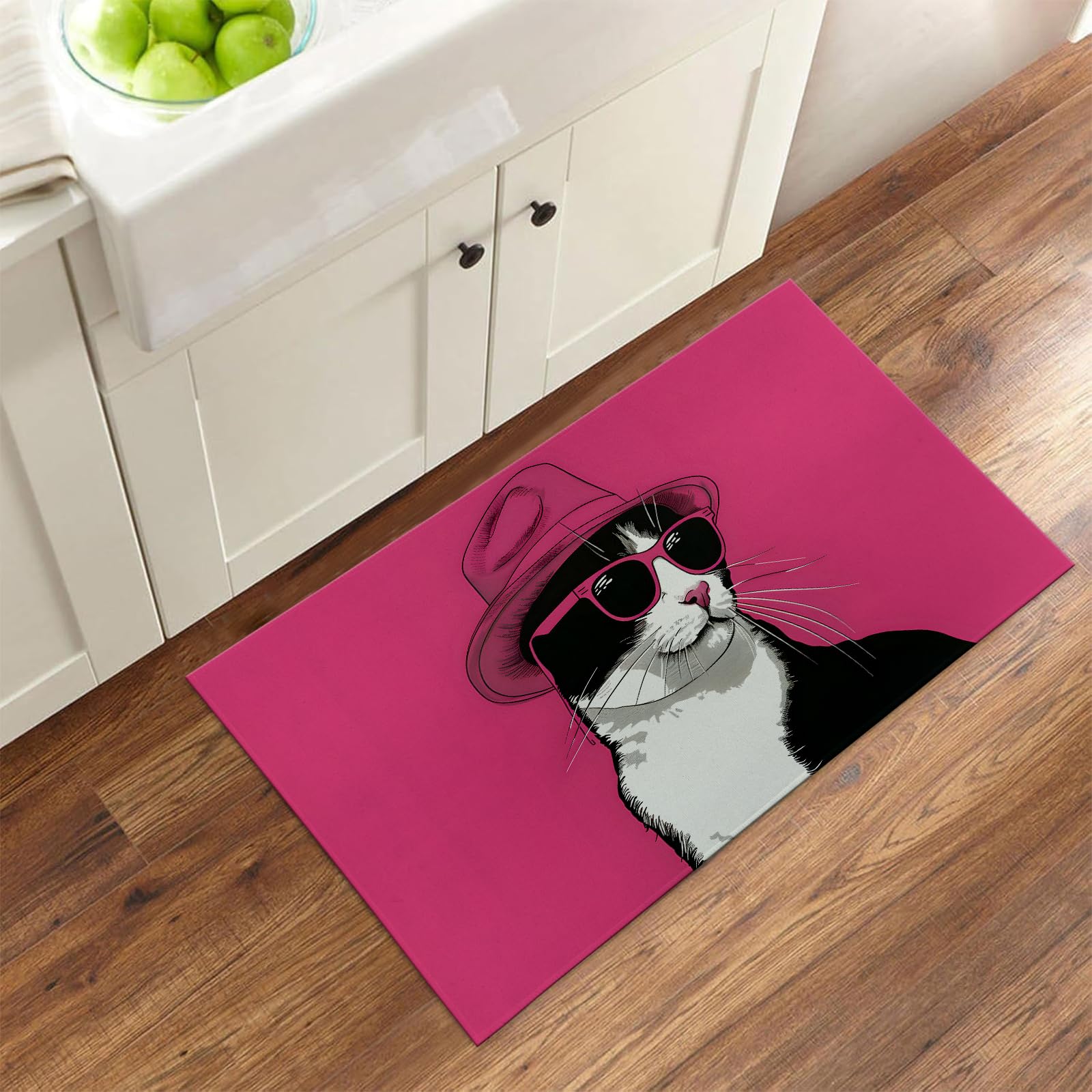 Bidesk Cool Cat Indoor Door Mat, Welcome Trendy Kitten in Hat Door Mats Inside for Front Door Living Room Bedroom, Non Skid Doormat for Kitchen, Entry Rug for Office Apartment Home Decor 17x29.5 Inch