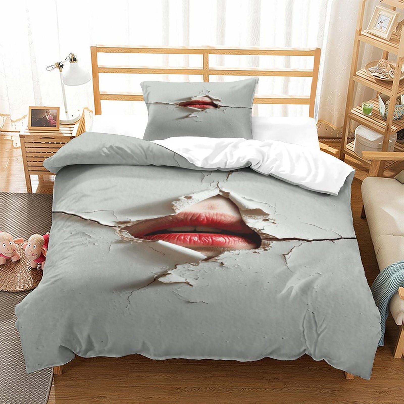 P1s9u7w5y Lip Wall Trendy 3D Printed Torn Lips Duvet Cover Set 3Pcs Microfiber Modern Lips Bedding Set Single（135X200cm）